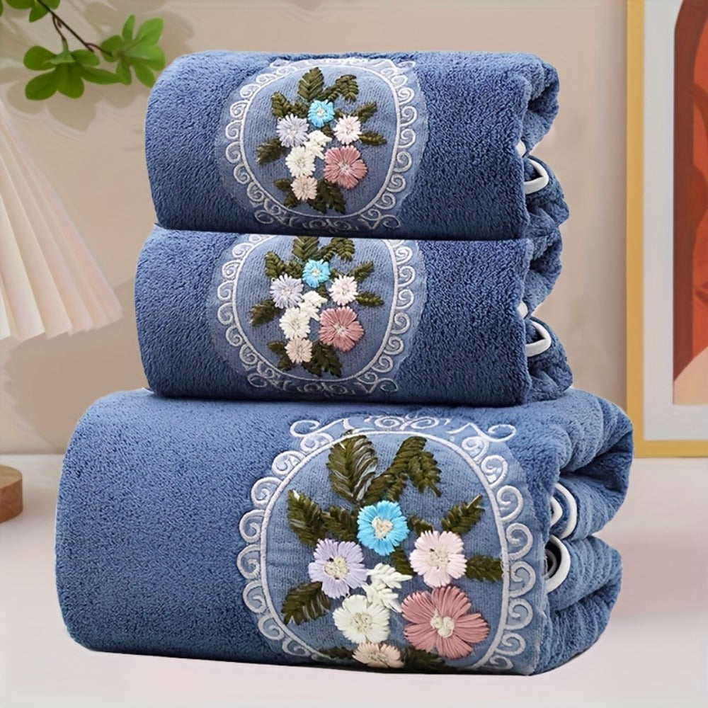 Embroidered Flower Towel Set 3-Piece Soft Absorbent Skin-Friendly Bath Towel and Face Towels for Bathroom Home Bathing Beach
