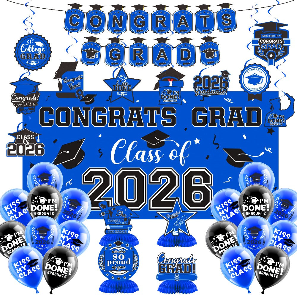 2026 Graduation Decorations Set ¨C Congrats Grad Banner, Backdrop, Hanging Swirls & Honeycomb Table Toppers, Class of 2026 Party Supplies Kit