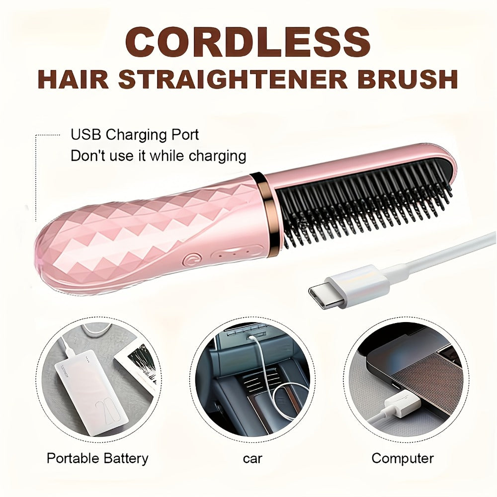 Cordless Hair Straightener Brush USB-C Rechargeable 2000mAh Lithium Battery 3-Level Temperature Control Dual-Use Straightening and Curling Portable Travel Styler for Women