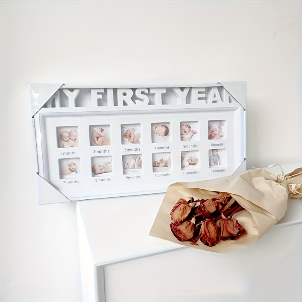 Baby First Year Picture Frame Newborn Memory Keepsake - White Photo Frame Gift for New Mom with Milestone Display, 17.32x9.06 Inch Nursery Wall Decor for Baby Shower First Birthday Gifts