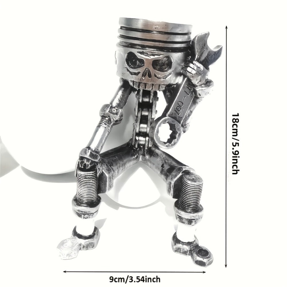 Steampunk Skull Sculpture with Wrench - Hand-Painted Mechanical Piston Gothic Decor, Resin Desk Decoration for Man Cave, Garage, Office, Engineer Gift, Car Lover Gift, Halloween Decor