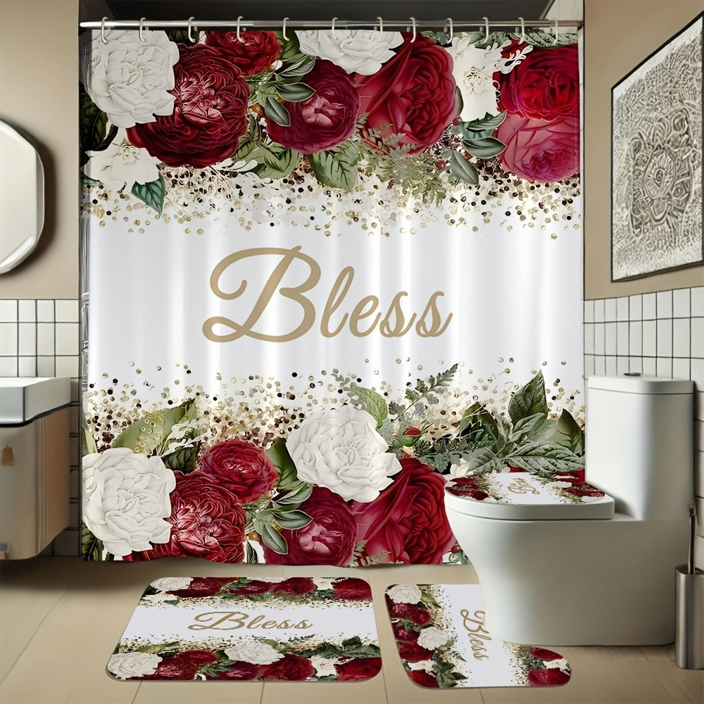 Rose Print Shower Curtain 4-Piece Bathroom Set ¨C Toilet Lid Cover Mat Machine Washable with 12 Hooks Elegant Floral Decor