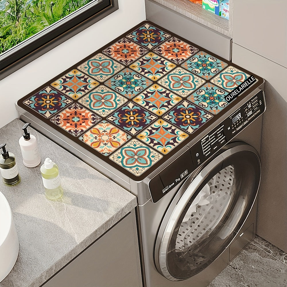 Washing Machine Cover Silicone Waterproof Decorative Plaid, 23.62x19.69 Inch Kitchen Laundry Room Top Load Washer Protector, Food-Grade Vintage Mosaic Multicolor Design Home Organization Appliance Cover