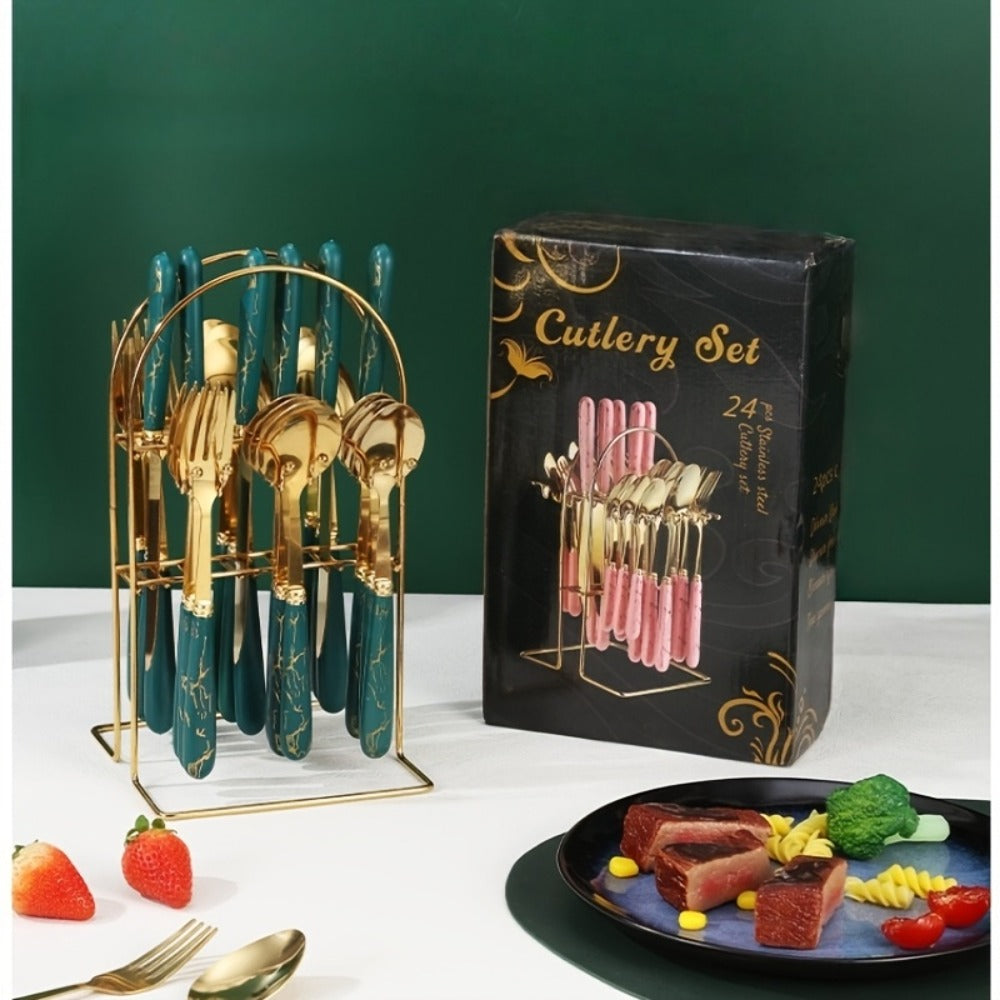 Stainless Steel Flatware Set 24pcs Marbled Handle Knives Forks Spoons with Gift Box & Storage Rack