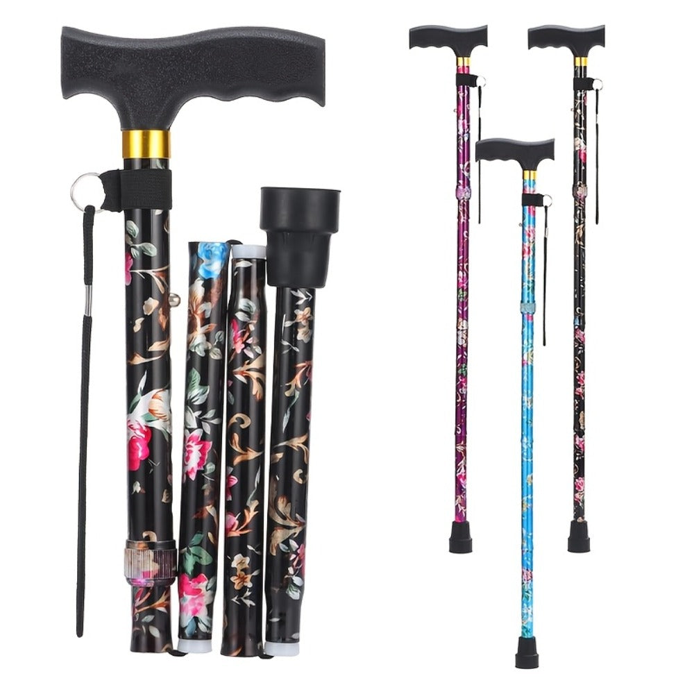 Foldable Walking Cane for Seniors Adjustable Height Folding Stick with Wrist Strap T-Handle Printed Design Portable Lightweight Mobility Aid Gift for Parents