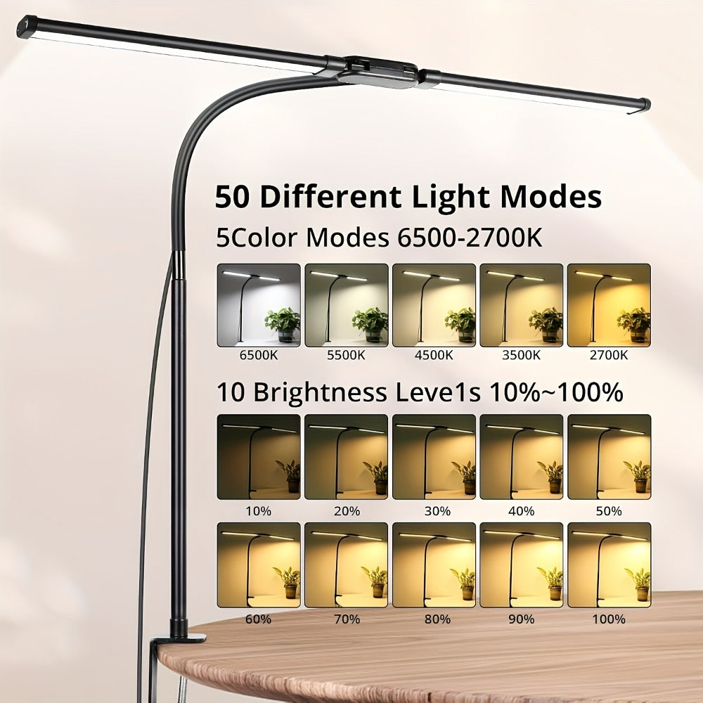 Dual Head LED Desk Lamp Touch Control 3 Color Modes 10 Brightness Levels Flexible Gooseneck Eye Care 13W USB Powered Base and Clip for Home Office Study PC Gaming Black
