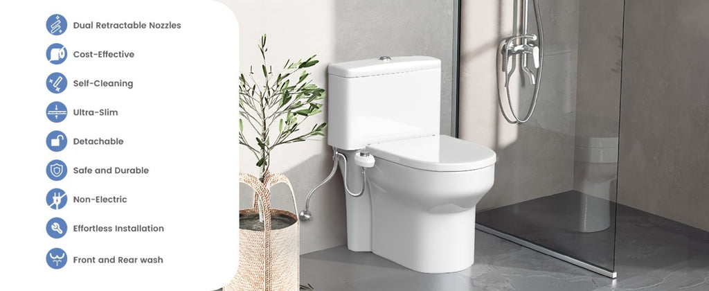 Ultra-Slim Non-Electric Bidet Attachment for Toilet, Self-Cleaning Dual Retractable Nozzles, Adjustable Water Pressure, Fresh Water Sprayer, US Standard, Easy Install