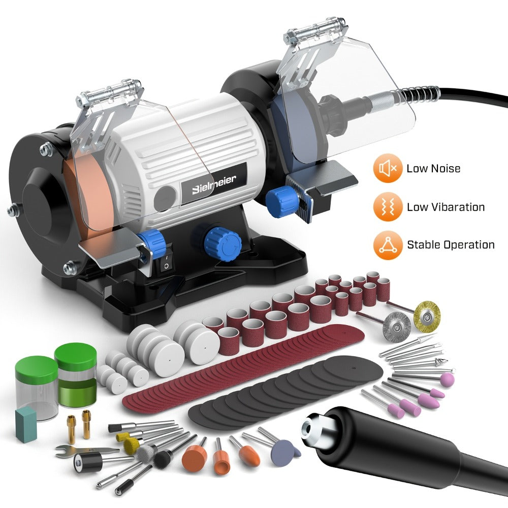 Bench Grinder 3 Inch Rotary Tool Kit 110pcs Accessories Flexible Shaft 105cm Buffer Polisher for Wood Jewelry Metal Plastic Stone Low Noise Compact 3.97LB