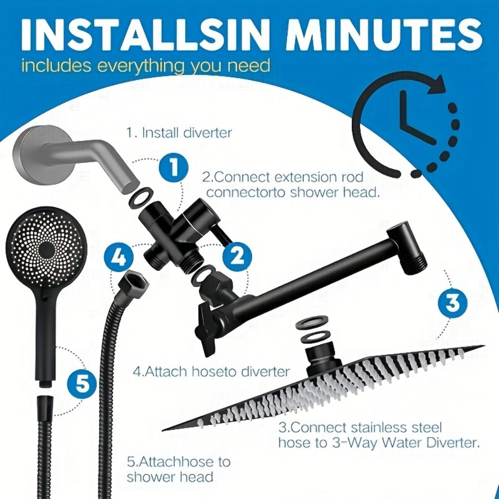 Rain Shower System with Handheld Shower Head ¨C High Pressure Rainfall Showerhead Combo Copper Diverter Anti-Clog 8 10 12 Inch