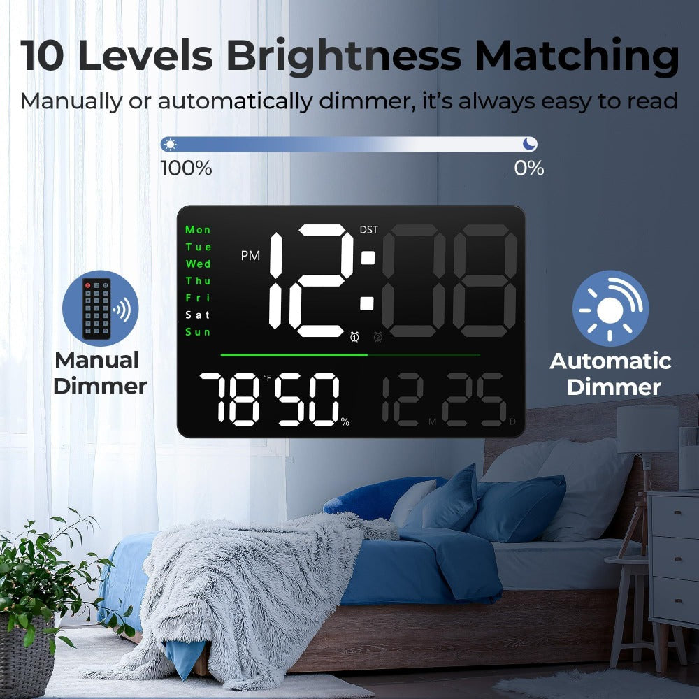 Digital Wall Clock 16 Inch LED with Remote Control ¨C Large Display Shows Time, Date, Day of Week & Indoor Temperature, Modern Decor for Bedroom, Living Room, Office, Gym & Garage (White)