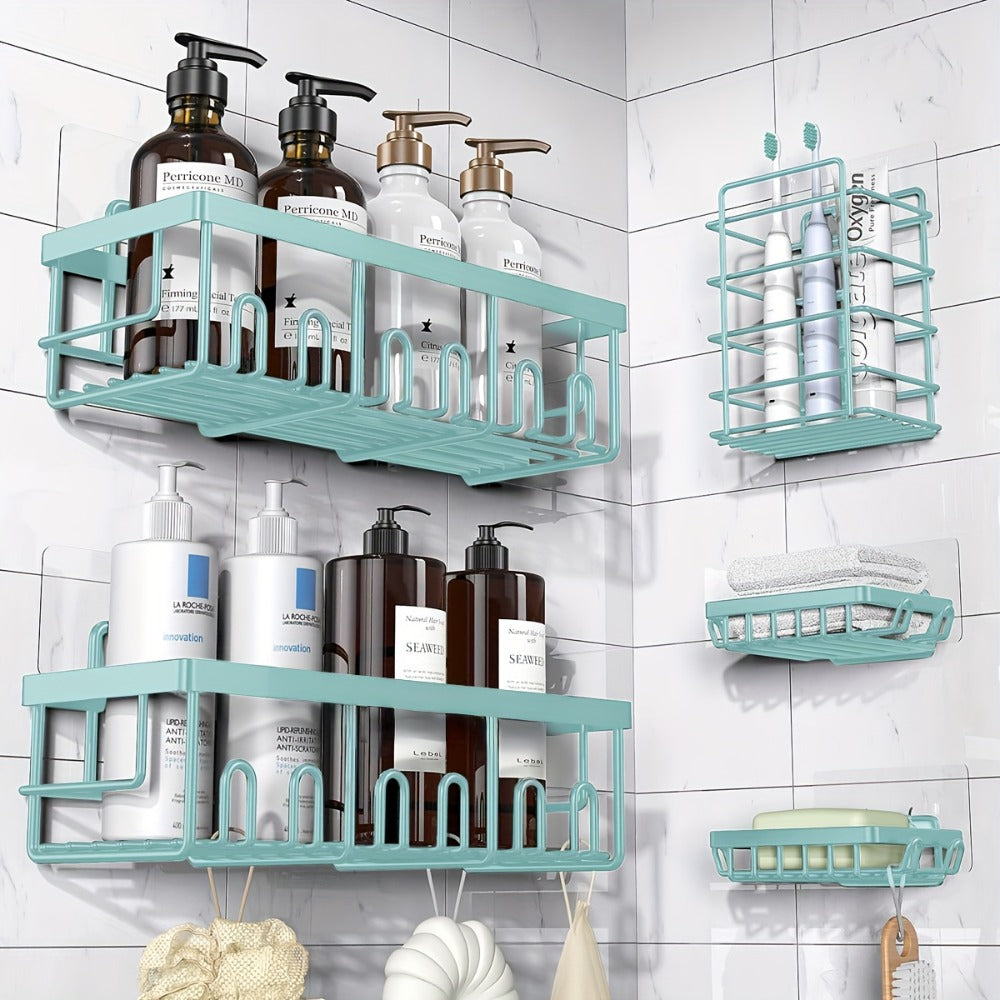 Shower Caddy Organizer 5 Pack Adhesive Rustproof Stainless Steel Shower Shelves with Soap Holder No Drilling Bathroom Storage Rack for Shower Wall Renters Apartment Kitchen Multiple Colors