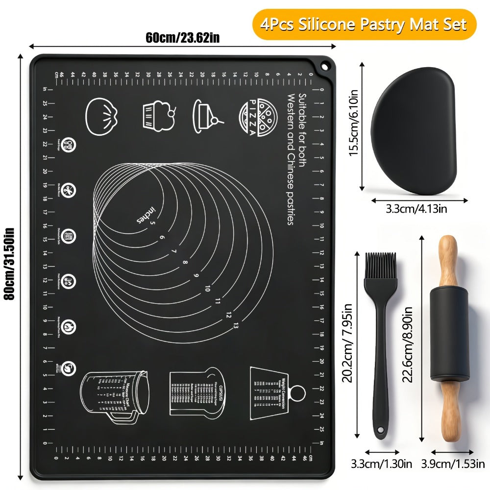 Silicone Baking Mat Set 4pcs, Extra Thick Non-Stick Pastry Mat with Measurement Scales, Non-Slip Dough Kneading Mat, Includes Rolling Pin, Dough Scraper and Storage Bag, Reusable Kitchen Baking Tools