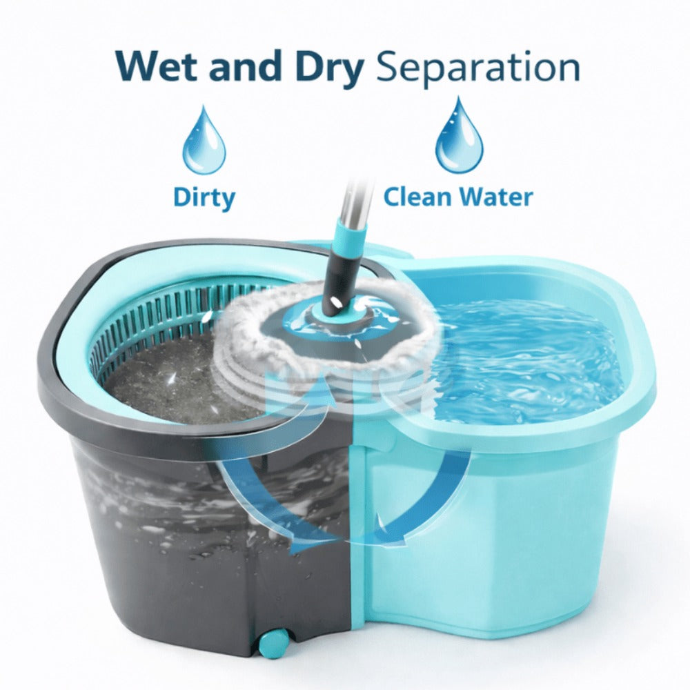 360 Spin Mop and Bucket Set with Wringer - Stainless Steel Extended Handle Spinning Mop Bucket System with Microfiber Mop Refills for Hardwood, Tile & Laminate Floor Cleaning, Black Blue Pink Red
