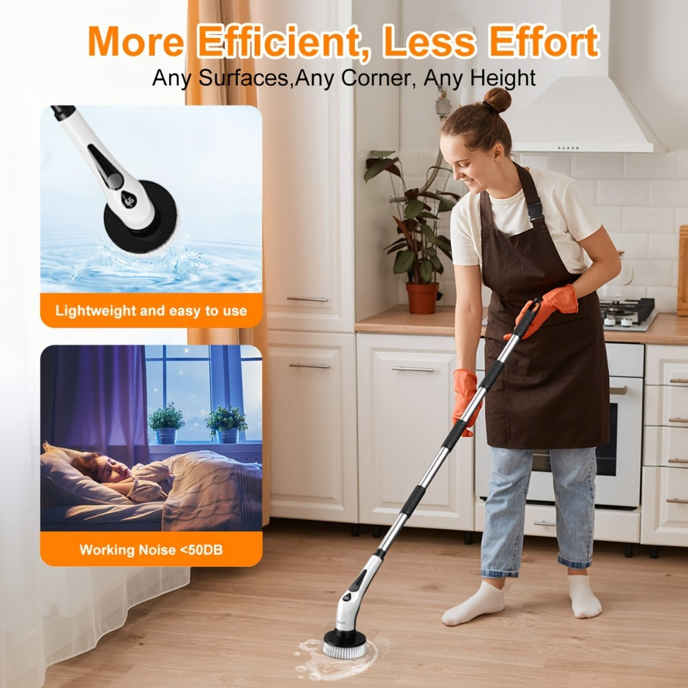 Electric Spin Scrubber Cordless IPX8 Waterproof 9 Replaceable Brush Heads 4 Adjustable Extension Handles LED Display 2-Speed 90-Min Battery for Bathroom Kitchen Tile Floor Tub Grout Cleaning White