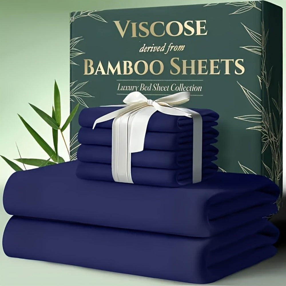 Bamboo Cooling Bed Sheets 6-Piece Set Deep Pocket Fits Twin Full Queen King Ultra-Soft Breathable Bedding for Hot Sleepers Machine Washable Double-Stitched