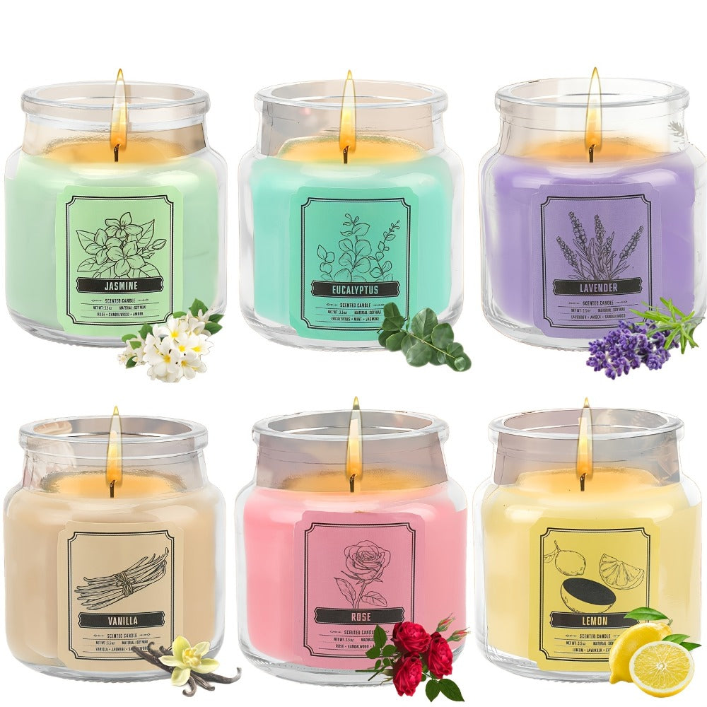 Scented Candles Set 6pcs Soy Wax Candles for Home 3.5oz Each 120 Hour Burn, 6 Fragrance Gift Set Jasmine Eucalyptus Lavender Vanilla Rose Lemon for Thanksgiving Christmas Mother's Day Birthday Gift