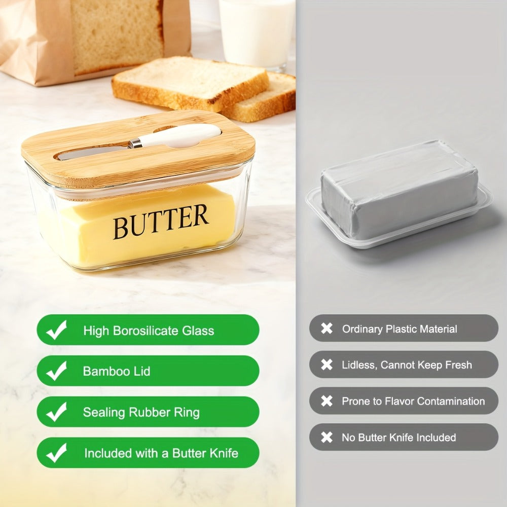 Glass Butter Dish with Lid and Knife ¨C 1lb Large Airtight Butter Keeper Clear Glass Countertop Butter Container for Refrigerator Door Shelf Kitchen Decor & Gift