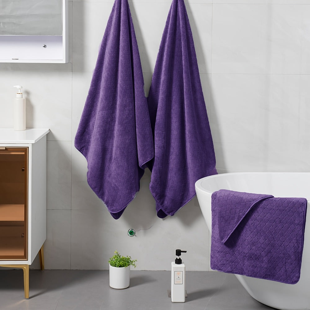 Oversized Bath Towel Set 4 Piece Diamond Pattern Microfiber - Ultra Soft Highly Absorbent Quick Dry | 10 Colors | Blue Green Black Gray Navy Orchid Brown Purple White Turquoise | Bathroom Hotel Gym Gift
