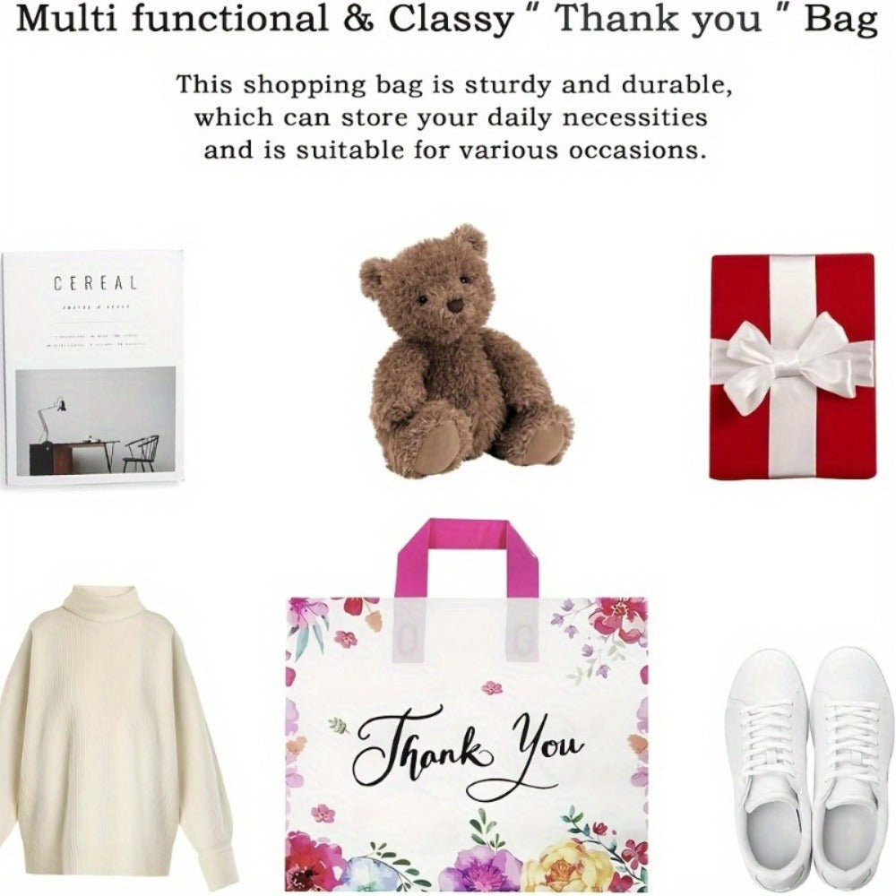 Thank You Gift Bags 50pcs Plastic Flower Print Handle Bags Reusable Shopping Tote for Party Birthday Wedding Halloween Christmas