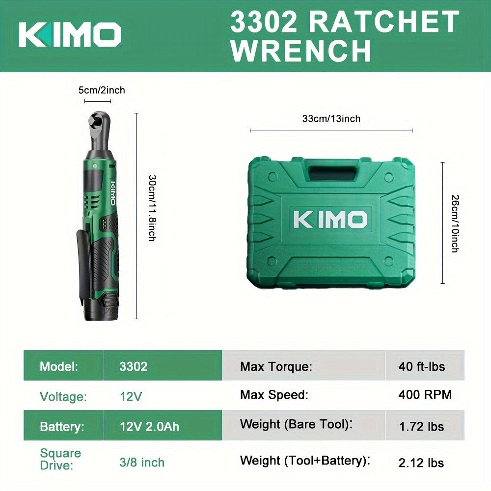 Cordless Ratchet Wrench 3/8 Inch 12V ¨C KIMO 40ft-lb Torque Power Ratchet Set with 2.0Ah Battery, Fast Charger & 8 Sockets
