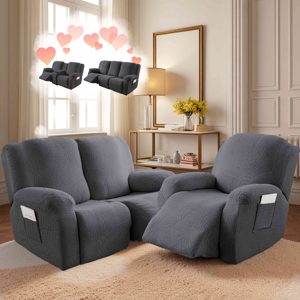 Jacquard Stretch Sofa Recliner Cover Big Leaves - High Stretch Soft Washable Slipcover for 1 2 3 Seat Loveseat with Console Furniture Protector Home Decor, 6 Colors