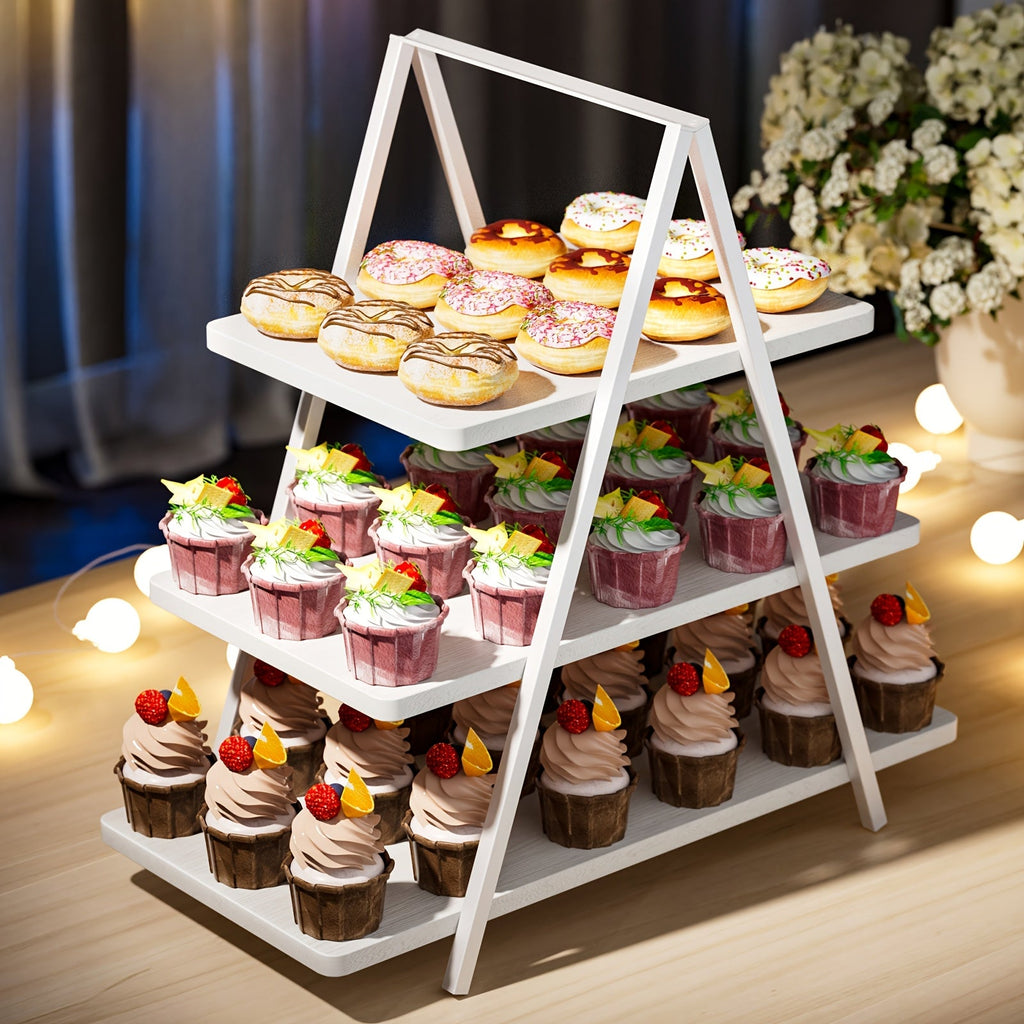 3-Tier Wooden Cupcake Stand ¨C Holds 50 Cupcakes, Dessert Display Rack for Wedding, Birthday Party & Halloween, Rustic Wood Cake Stand in Black, White & Brown