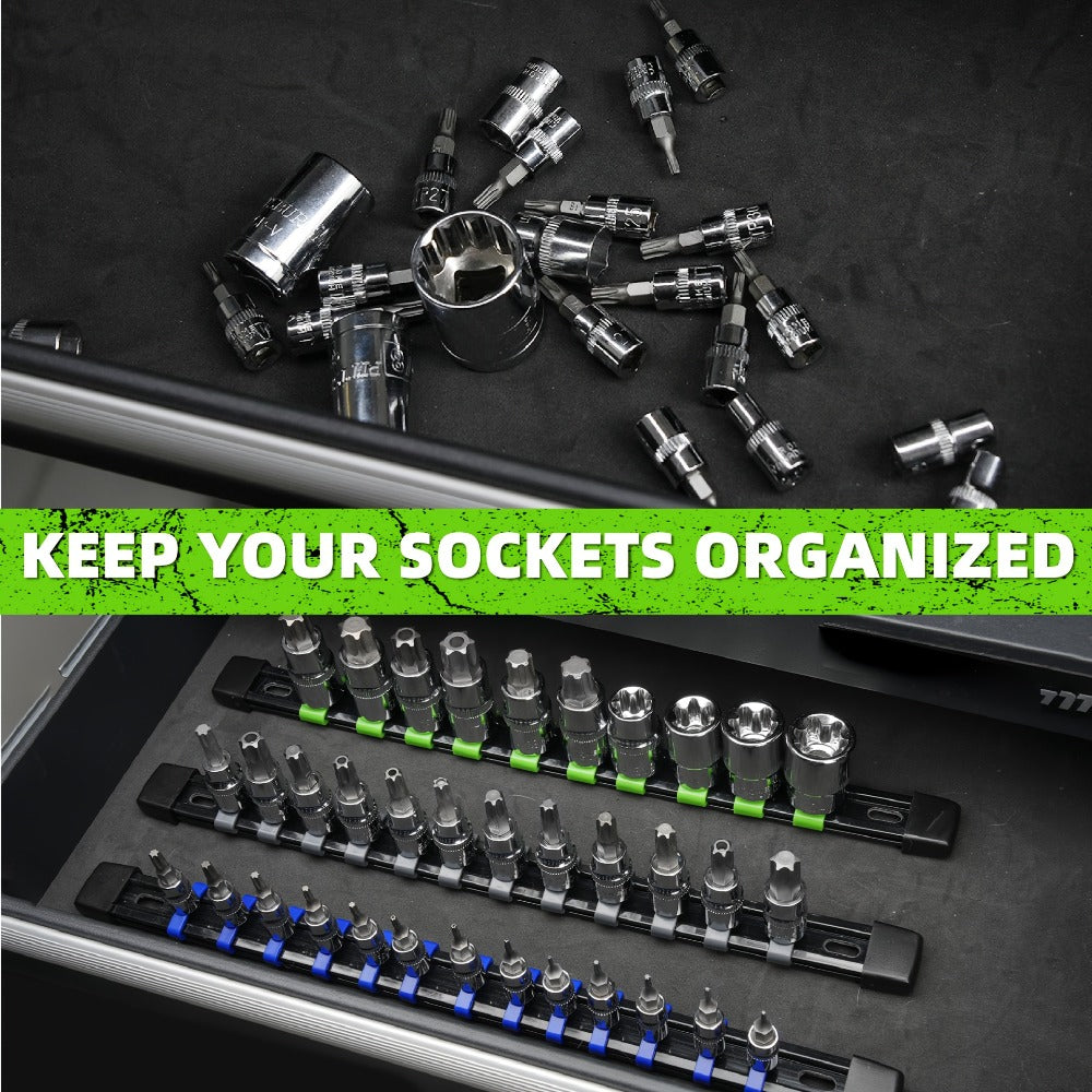 Socket Organizer Set with Rails ¨C Heavy Duty ABS Socket Holder Rack for 1/4¡±, 3/8¡± & 1/2¡± Drive ¨C Tool Storage Kit for Toolbox, Garage & Workshop Organization (6, 9 or 18 Piece)