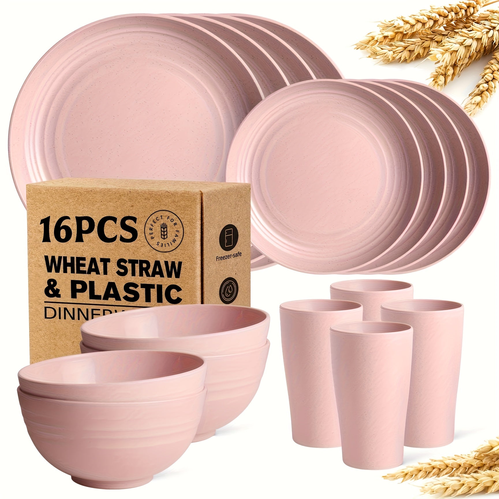 Wheat Straw Dinnerware Set 16 or 32 Piece ¨C Plates & Bowls for 4 or 8 People, Microwave & Dishwasher Safe Plastic Dish Set, Lightweight Colorful Tableware for Home, Party & Holiday