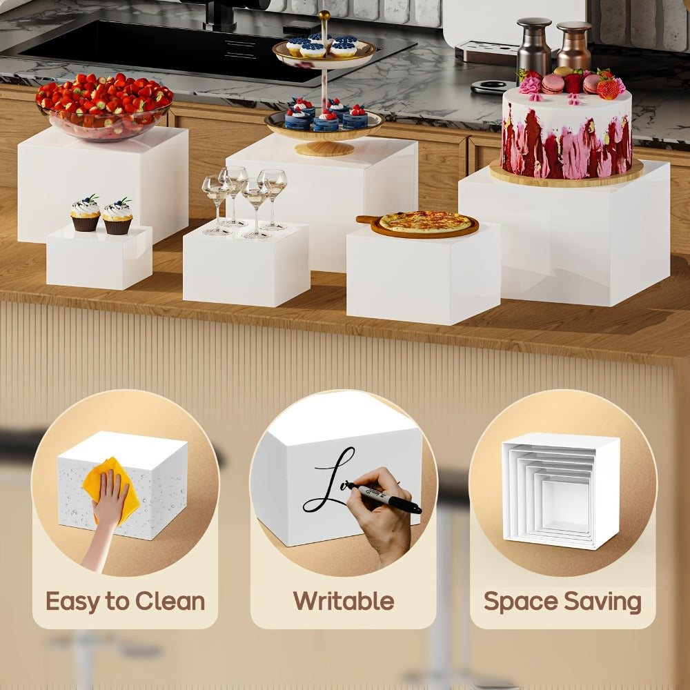 Buffet Risers Display Stand 6pcs - White Acrylic Food Risers for Buffet Table Party Catering Wedding Dessert Display Jewelry Collectibles Nesting Boxes Shelf Organizer