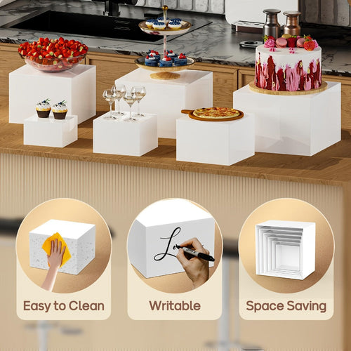 Buffet Risers Display Stand 6pcs - White Acrylic Food Risers for Buffet Table Party Catering Wedding Dessert Display Jewelry Collectibles Nesting Boxes Shelf Organizer