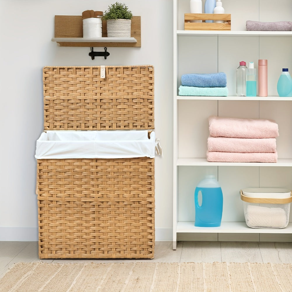 Laundry Basket with Lid - Large Foldable Rattan Hamper with Removable Washable Liner, Sturdy Steel Frame, for Bathroom Bedroom, Goose Yellow or Dove Gray