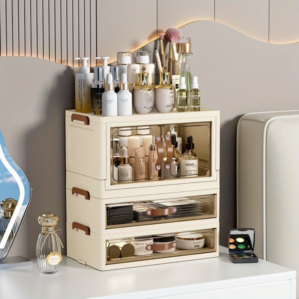 Makeup Storage Cabinet with Transparent Drawers, Stackable Cosmetic Organizer for Vanity, Foldable Plastic Skincare Storage Box, Retro White Gold Design, Desk Organizer for Bedroom Home