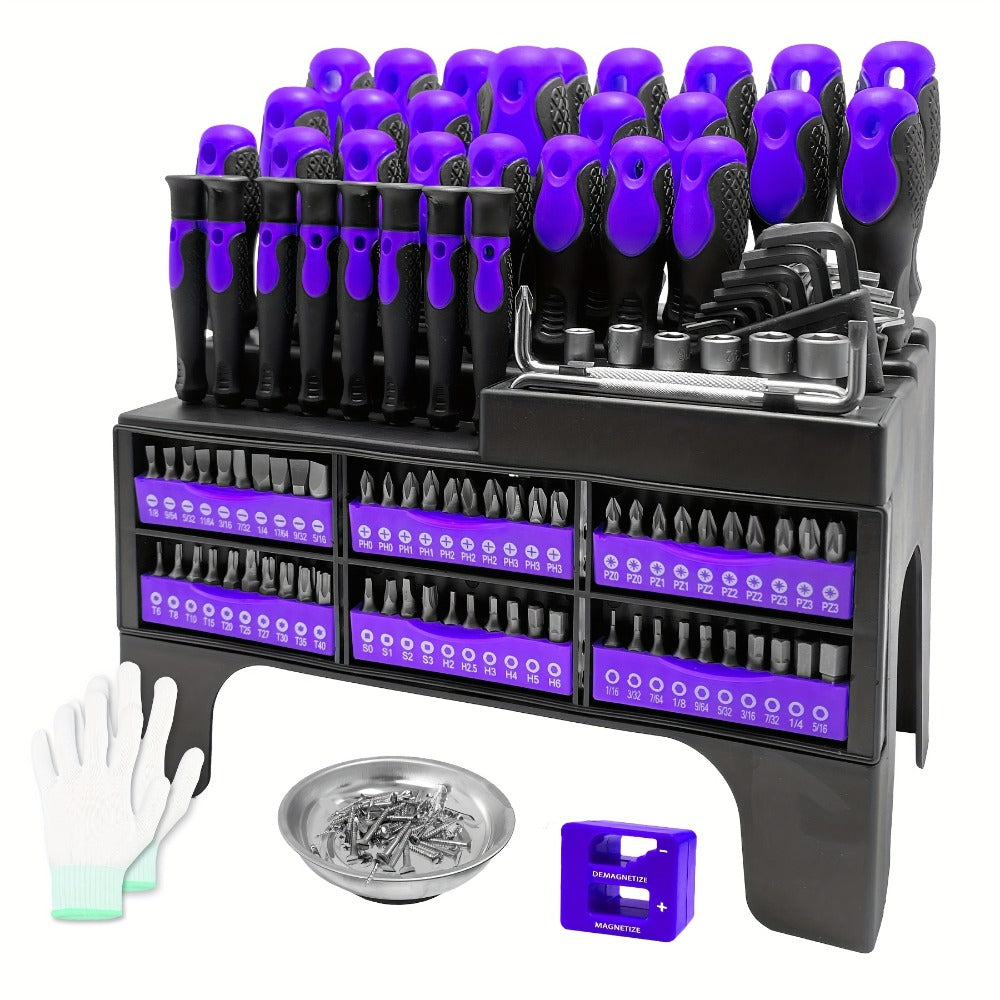 Magnetic Screwdriver Set 118pcs with Plastic Rack & Magnetic Tool Bowl, Chrome Vanadium Steel Multi-Size Precision Screwdriver Kit, Non-Slip Rubber Handle Tool Set for Electronics, DIY & Home Repair (Purple)