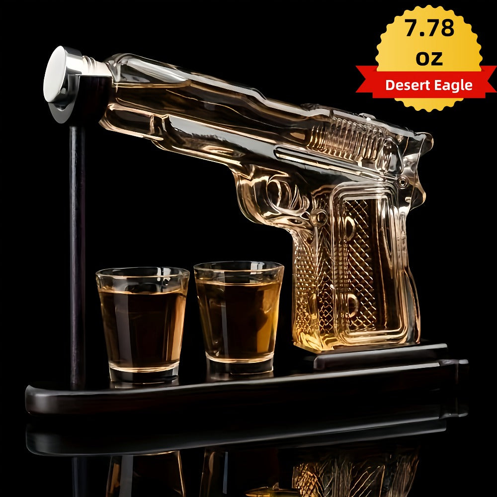 Whiskey Gun Decanter Set 10oz with 2 Bullet Shot Glasses & Wooden Stand, Handgun Shaped Liquor Decanter for Home Bar, Unique Novelty Gift for Men, Dad, Birthday & Valentine's Day
