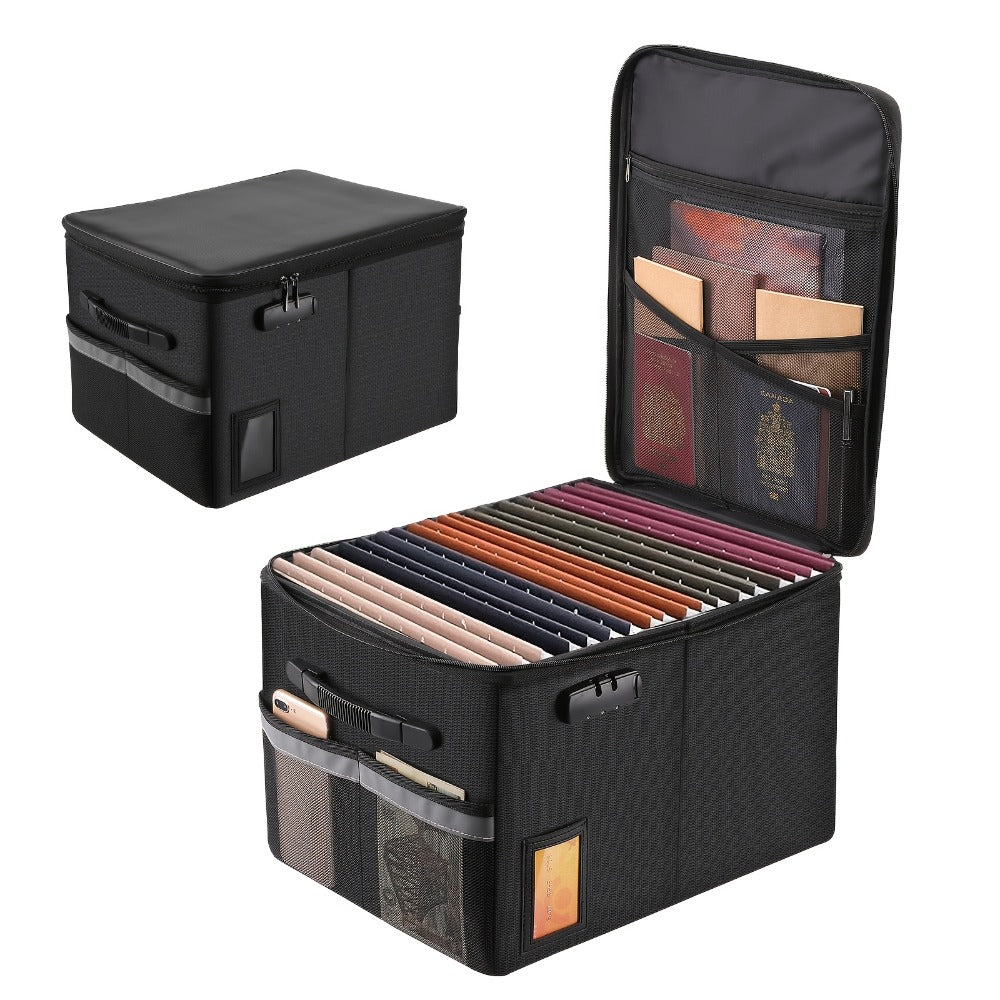 Fireproof File Box with Combination Lock - Collapsible Fireproof Document Organizer Filing Cabinet with Handle for Letter Legal Size Folders Certificates Home Office