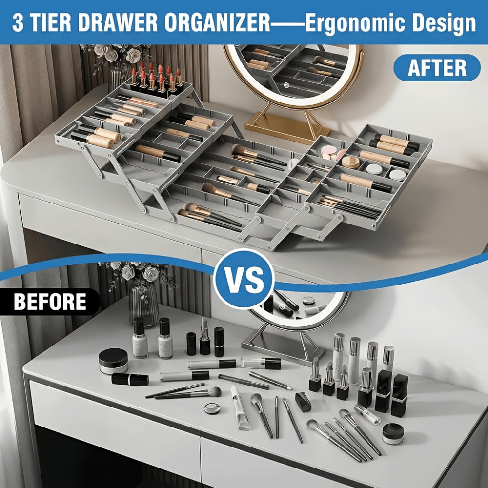 Collapsible Drawer Organizer Box, Double Row Expandable Desk & Drawer Storage with ABS Material, Jewelry Cosmetics Home Office Organizer