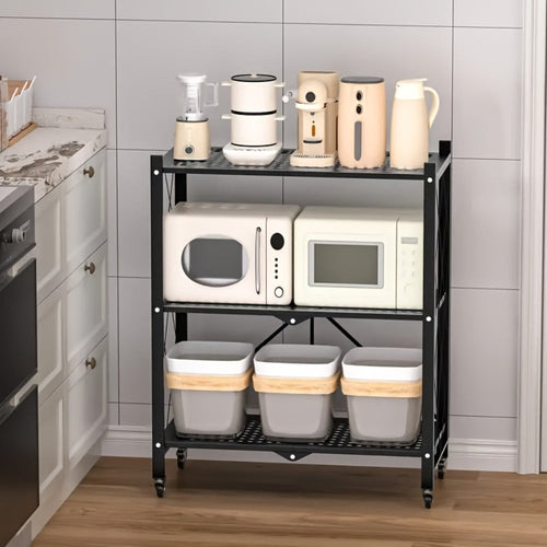 3 Tier Foldable Storage Rack with Wheels Heavy Duty Black Iron Shelving Unit for Garage Kitchen Pantry Utility Multi-Purpose Organizer