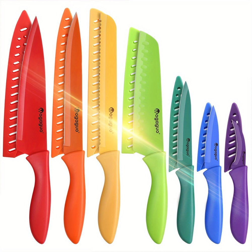 Rainbow Kitchen Knife Set 14pcs ¨C 7 Sharp Stainless Steel Knives with 7 Blade Guards, Dishwasher Safe, Non-Stick Professional Chef Knife Set with Sheaths