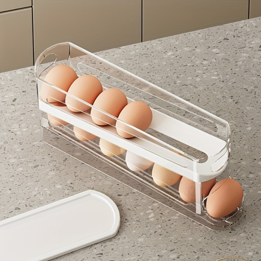 Double Layer Rolling Egg Dispenser Automatic Space Saving Refrigerator Egg Organizer for Cabinet Kitchen Storage Keeps Eggs Fresh White
