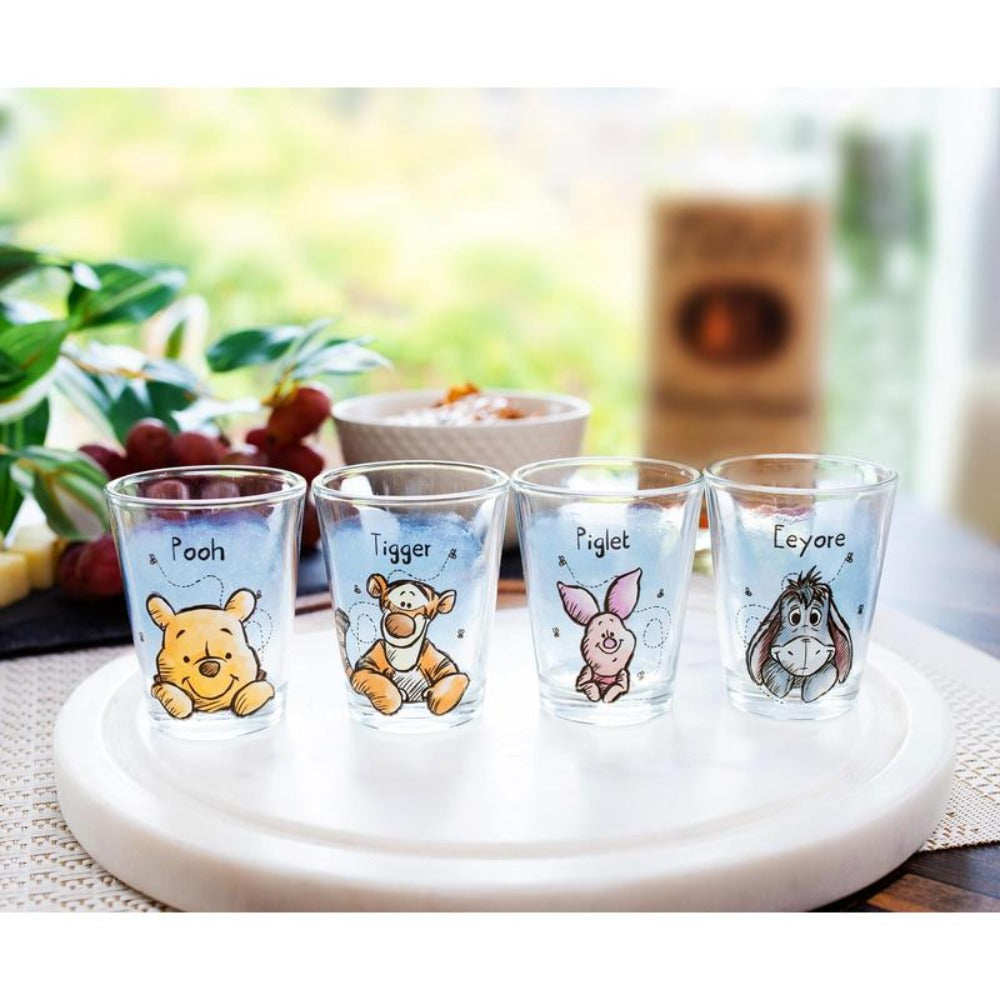 Winnie the Pooh Mini Shot Glasses Set of 4 ¨C Disney Character 2oz Glass Cups Pooh Piglet Eeyore Tigger BPA-Free Dishwasher Safe Gift