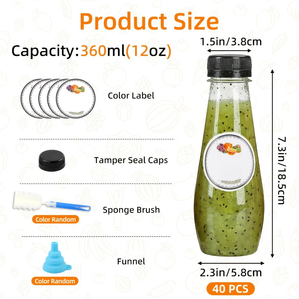 40pcs 12oz Empty Plastic Juice Bottles with Caps Bulk Reusable Clear Bottles for Juice Smoothies Tea Coffee 7.3x2.36in with Funnel & Brush