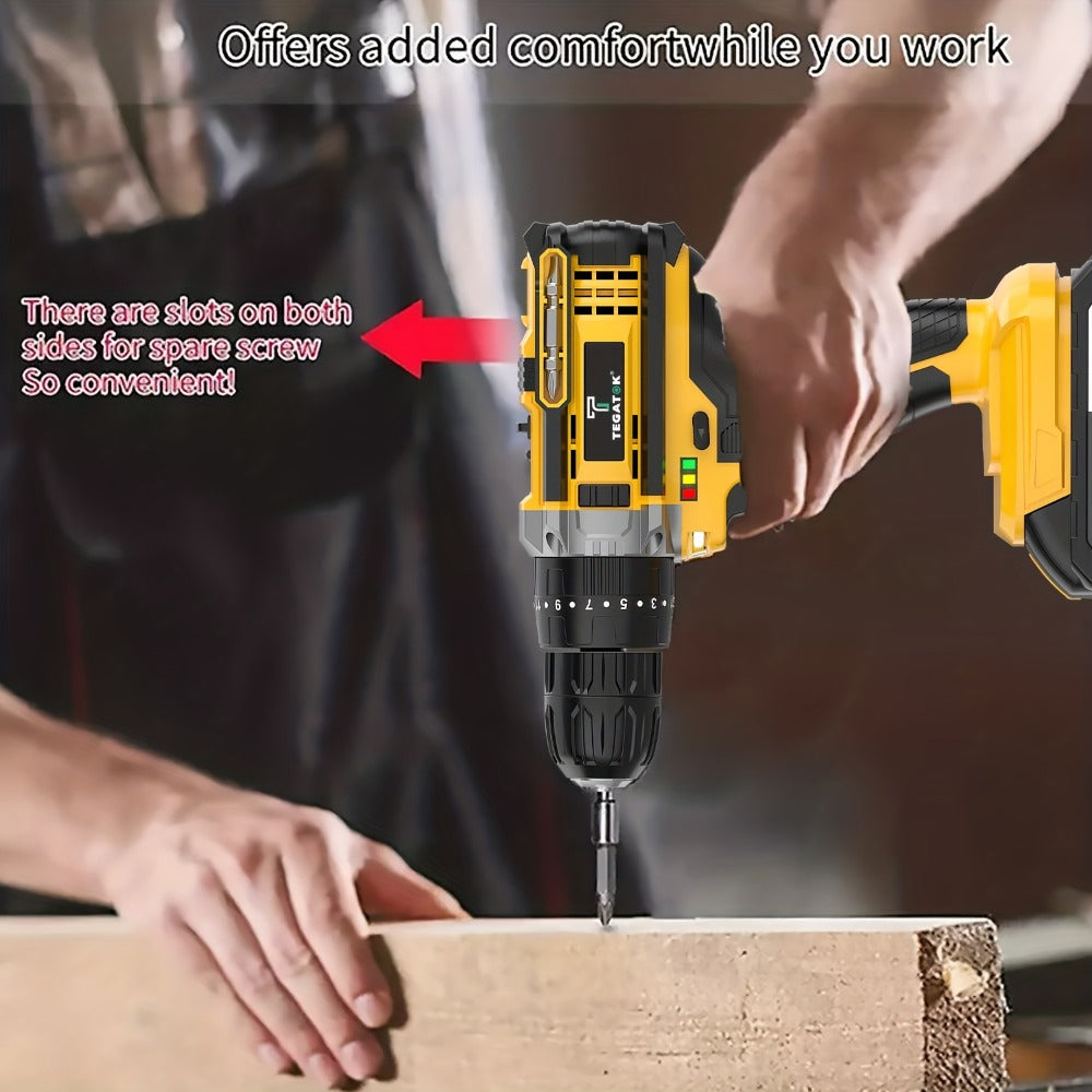 Cordless Drill Set 20V - Tegatok Impact Drill Kit with 45Nm Torque, 23-Speed Settings, LED Light, 2.0Ah Battery & Fast Charger, 58/136/145pcs Accessories for Home Renovation, Woodworking & Metal Drilling