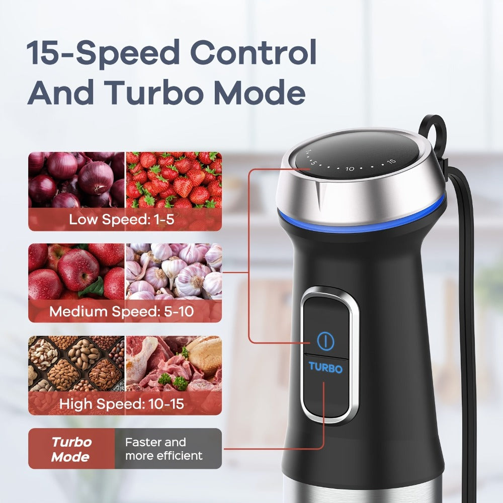 Immersion Blender 7-in-1 Hand Blender, 15-Speed & Turbo Mode, Stainless Steel Stick Blender with 50oz Food Processor, Whisk, Milk Frother & 4 More Attachments ¨C Complete Kitchen Blending Set