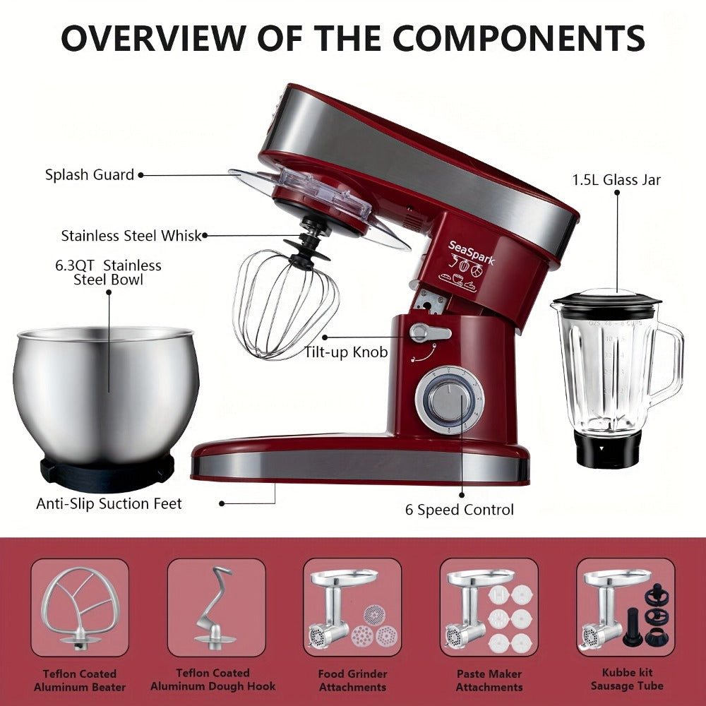 Stand Mixer 6-in-1 400W with 6.3QT Stainless Steel Bowl ¨C 6-Speed & Pulse Tilt-Head Kitchen Mixer with Dough Hook Beater Whisk Juicer Meat Grinder Noodle Press | Electric Food Mixer Black Red Purple Silver