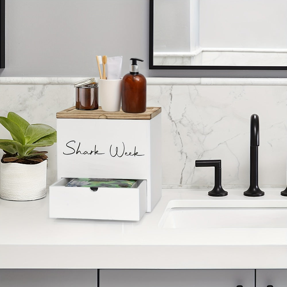 Tampon & Pad Organizer Box with Lid - Wooden Bathroom Storage Bin with Drawer, 3-Compartment Feminine Products Caddy, Farmhouse Bathroom Decor