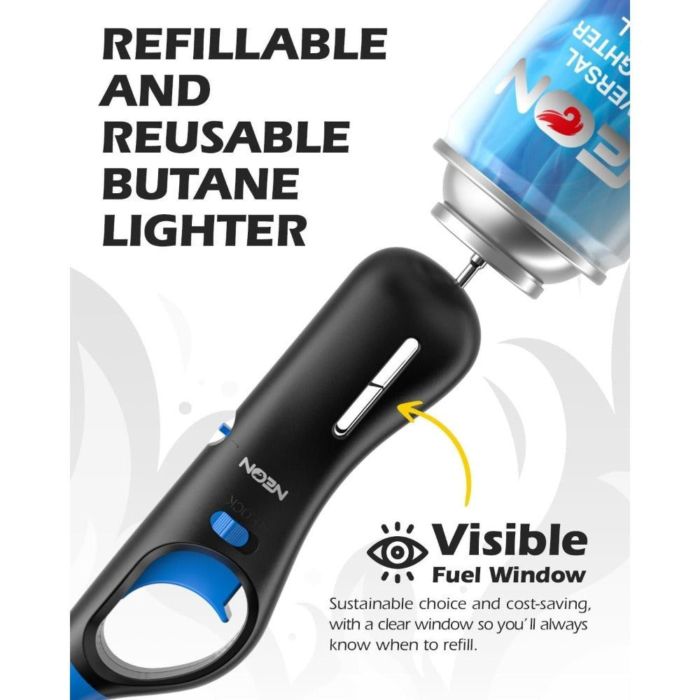 NEON Refillable Butane Candle Lighter 6-Pack - Long Metal Wand Adjustable Soft Flame Multi-Purpose Lighter for BBQ Grill Stove Fireplace Camping Kitchen