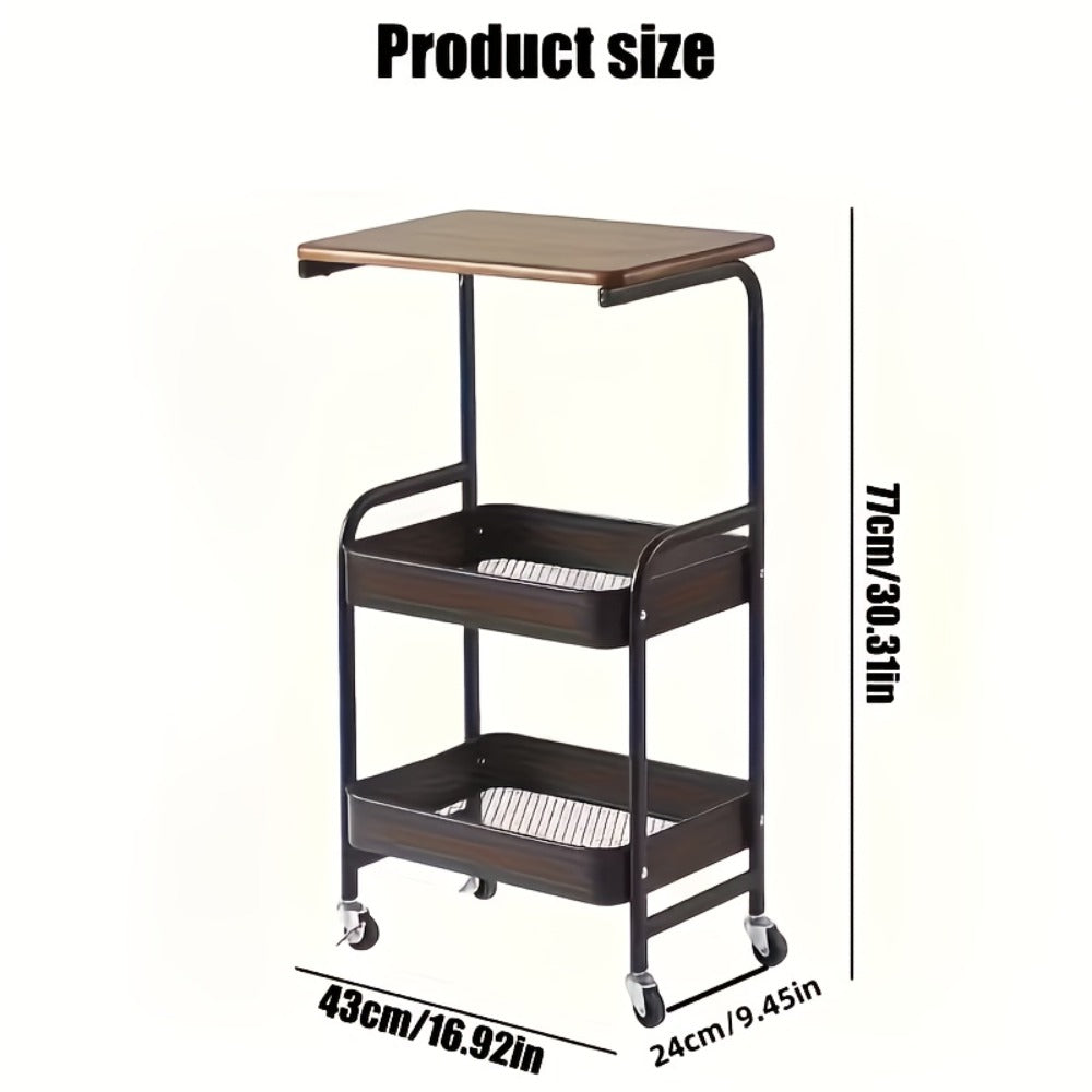 Storage Trolley with Wheels 3-Tier Wooden Tabletop Rolling Cart - Reinforced Black Metal Frame, Locking Casters, Multi-Use Organizer for Kitchen, Office, Bedroom & Living Room, Easy Assembly Printer Stand