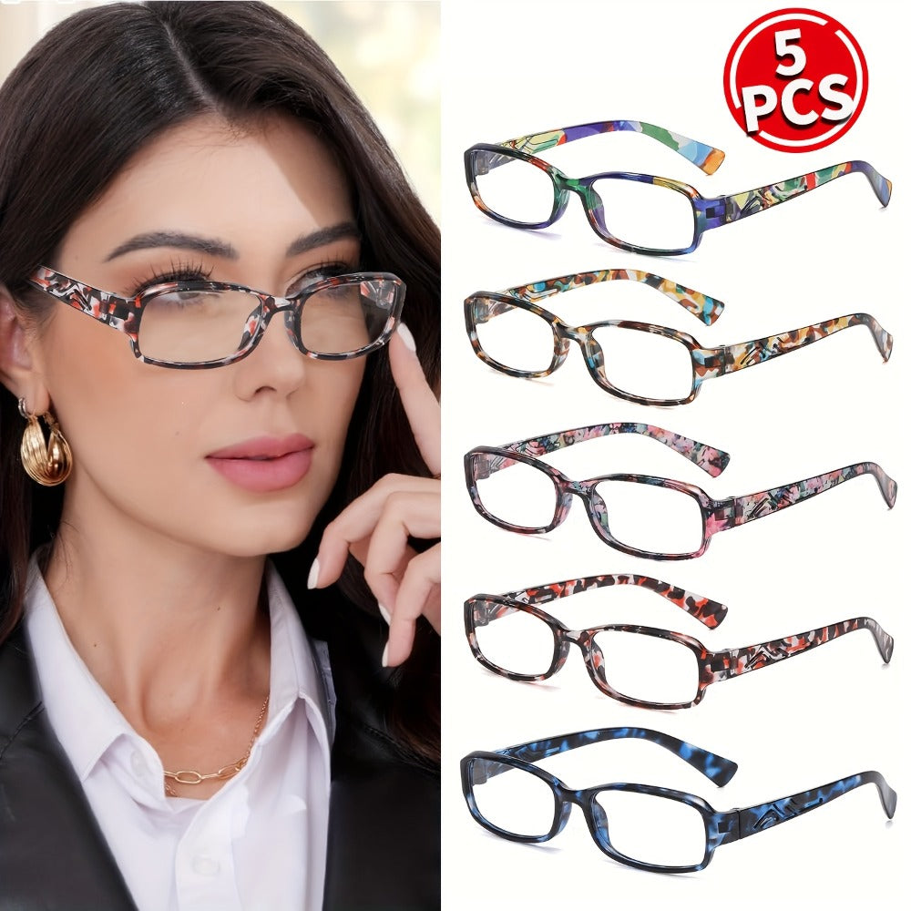 Reading Glasses 5 Pairs Square Fashion Printed Multicolor Frames Men Women 1.0X-4.0X Magnification High Definition Lenses Daily Office Use