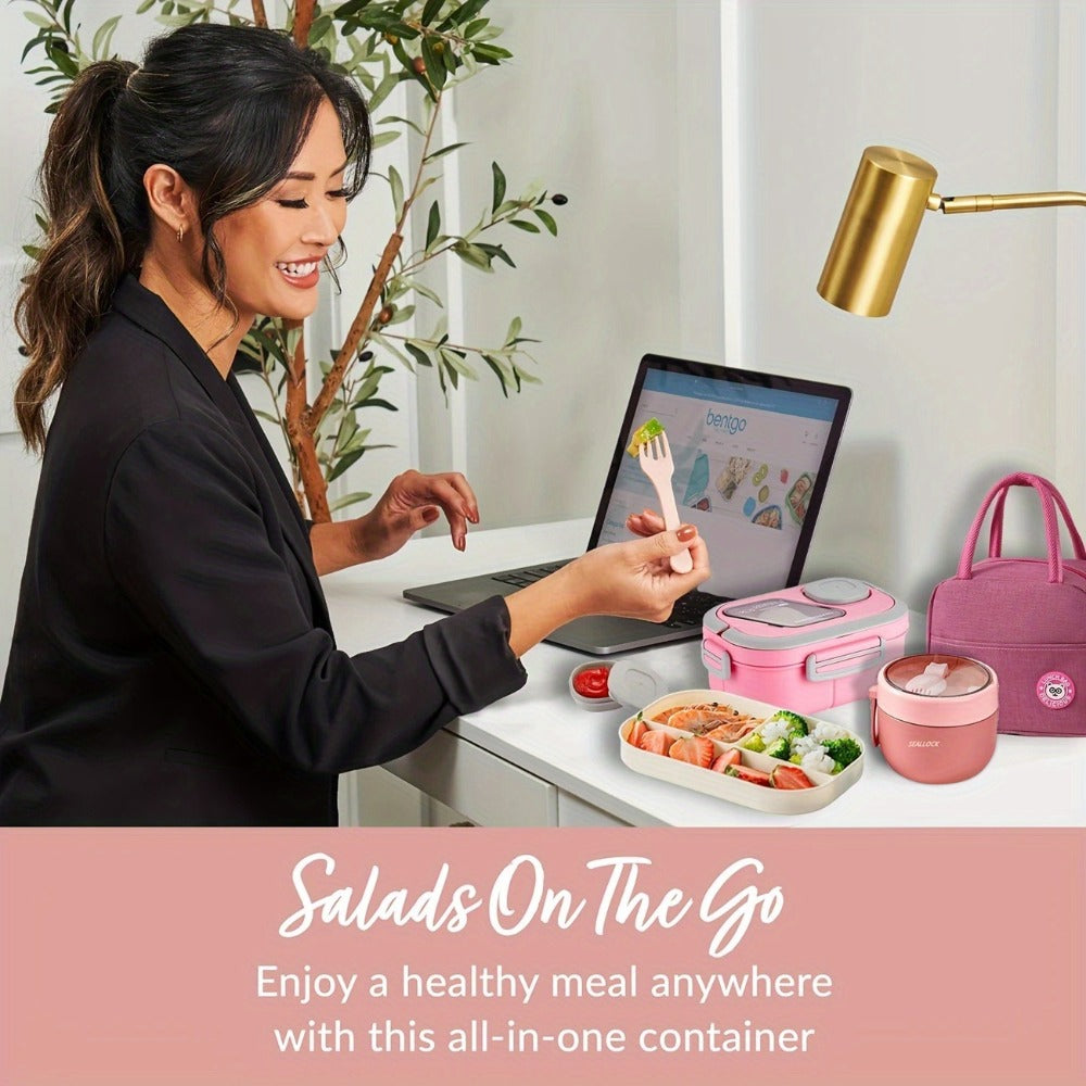 Bento Box 2-Layer with Multiple Compartments - Complete Set with Cup Bag Cutlery and Sauce Box, Microwave Safe Lunch Box for School Work and Outdoor Meals, Leak Proof Temperature Retentive Food Container Available in White Pink and Blue