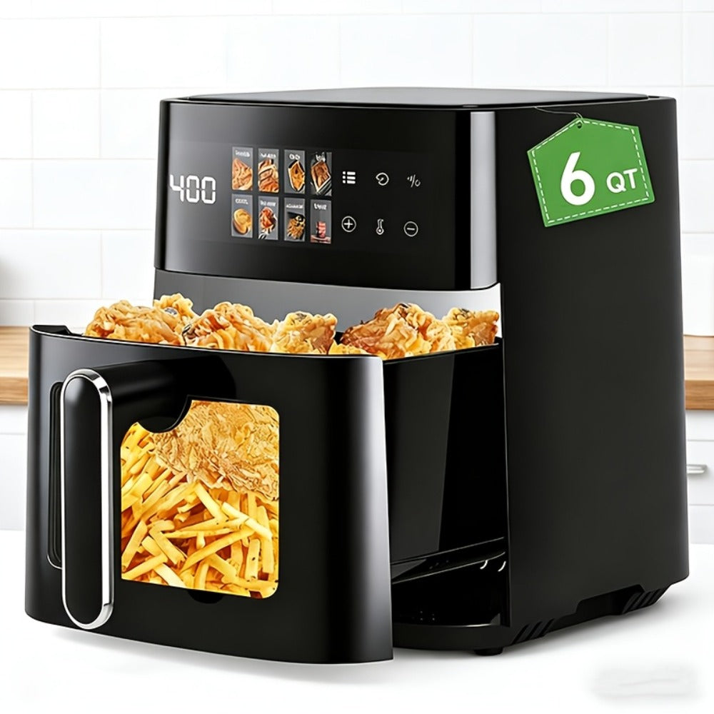 Air Fryer 8-in-1 with LED Touchscreen, 6QT Large Capacity Electric Hot Air Oven, 1350W 360¡ã Hot Air Circulation, Non-Stick Fry Basket, Heat-Insulated Handles, 8 Cooking Presets for Home Kitchen